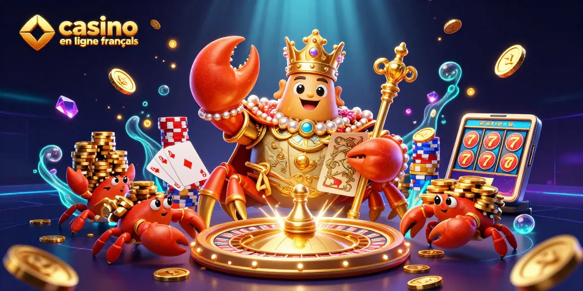 Le personnage du casino en ligne français attire avec un crabe doré majestueux et des jetons scintillants.